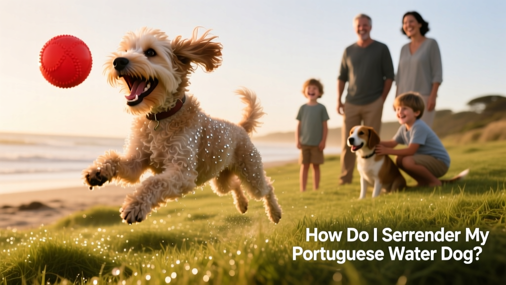A Portuguese Water Dog playing fetch on a grassy shoreline, wet and happy, with a family nearby