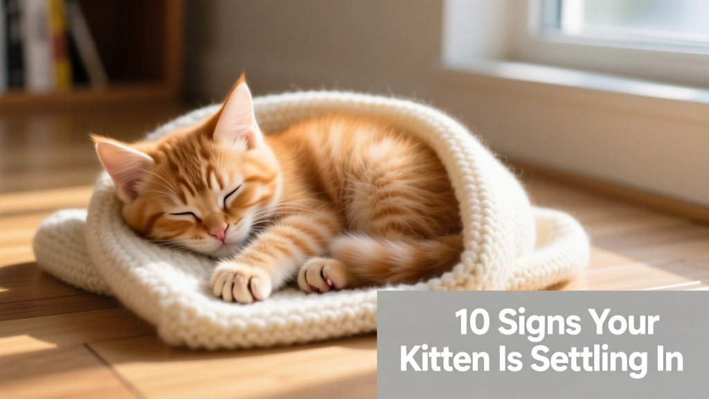 A sleepy kitten curled up on a cozy blanket, paws tucked under, eyes half-closed, gently kneading