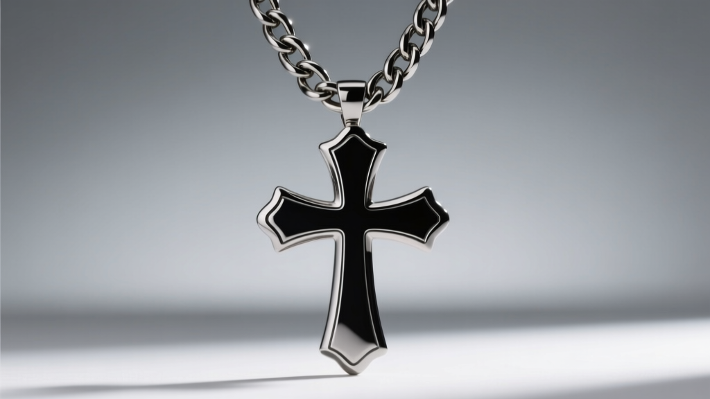 Polished titanium massive cross necklace with matte black PVD coating, hanging from a thick Cuban link chain against gray background