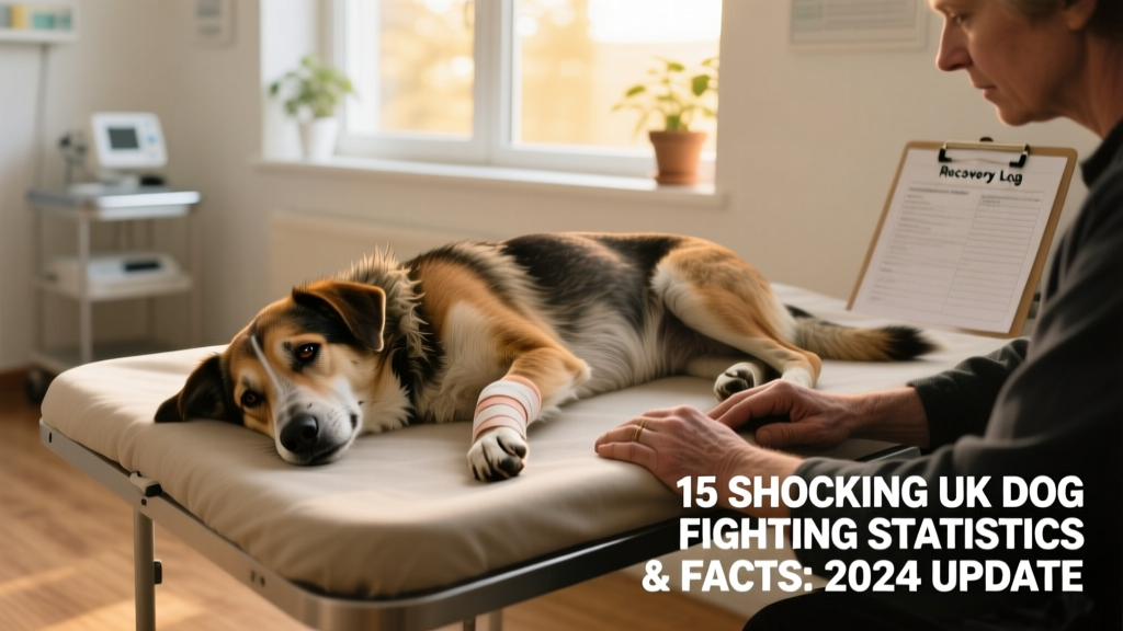 A distressed but resilient-looking dog recovering in a veterinary care setting, with gentle human hands nearby