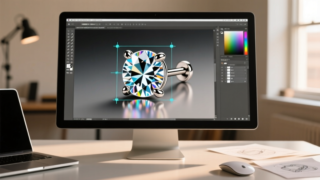 Close-up of a monitor showing Adobe Illustrator nodes edited on an SVG clipart of a prong-set gemstone stud earring vector design.