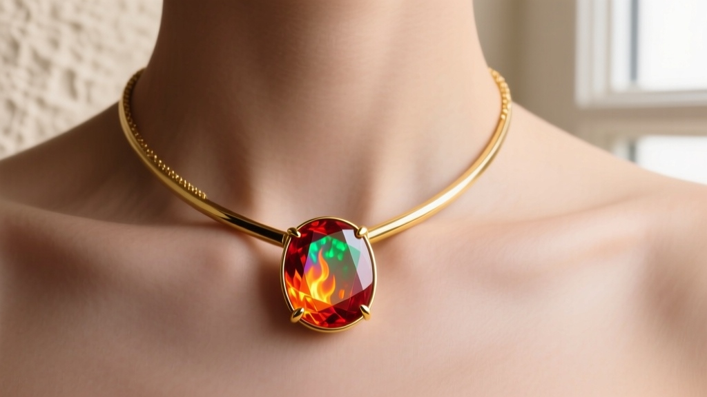 Fire opal necklace with protective bezel setting in yellow gold, worn on collarbone, showcasing the stone