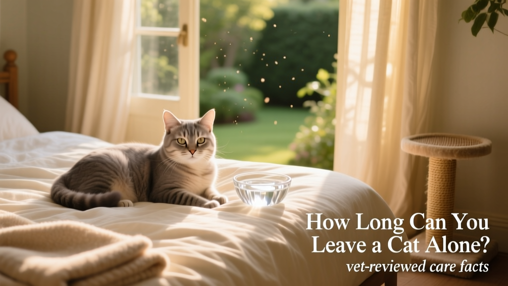 A senior cat resting comfortably on a soft bed beside a filled water bowl and open window with natural light