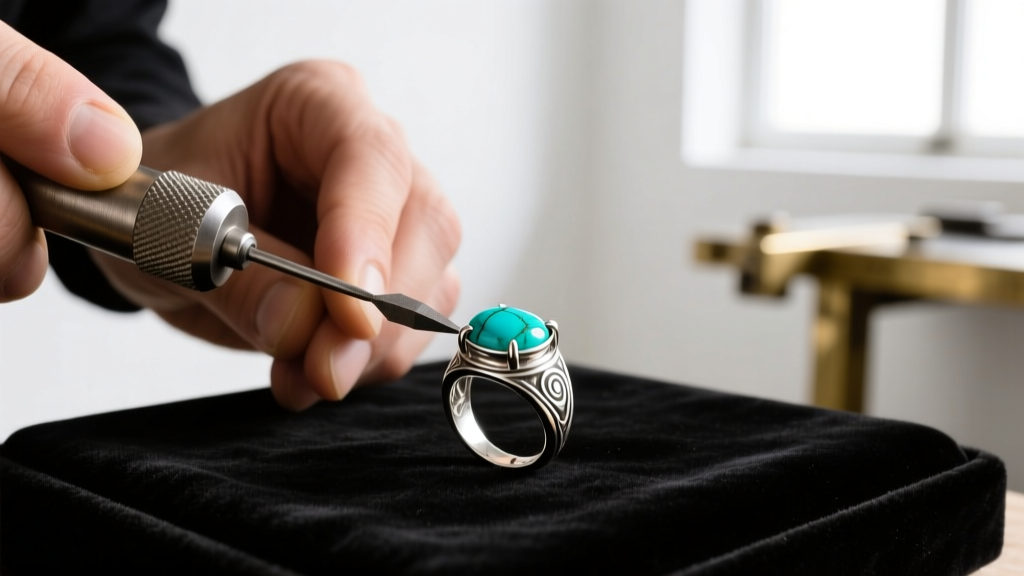 Jeweler using a steel bezel roller and burnisher to tighten a turquoise cabochon in a vintage sterling silver Barse ring setting