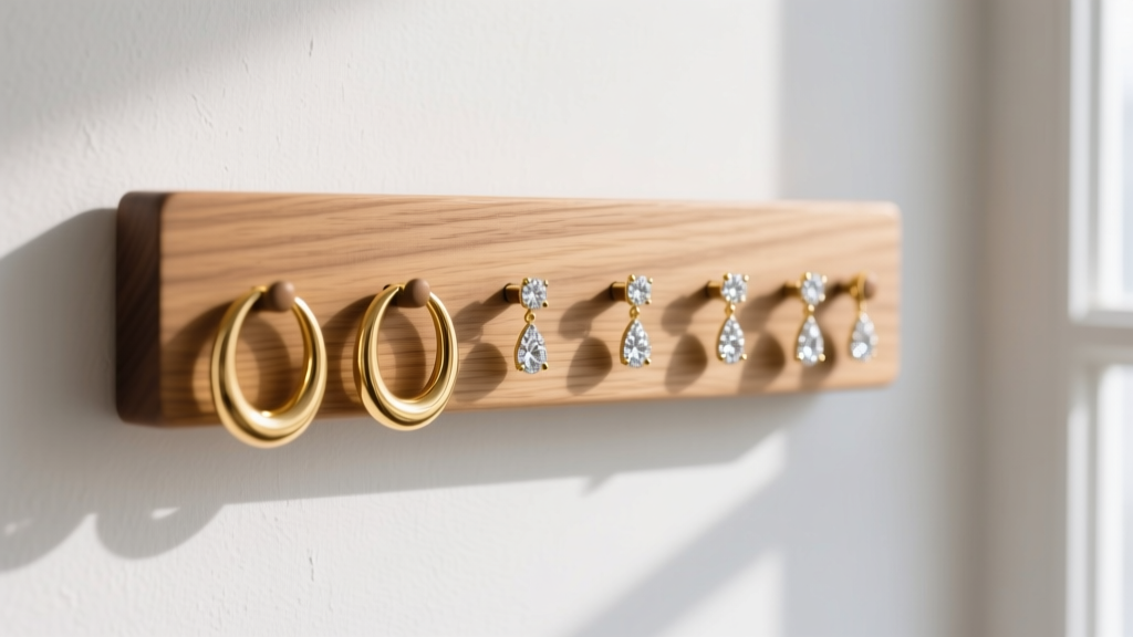 Minimalist oak wood wall mounted earring holder displaying heavy gold hoops and diamond drops against a smooth white plaster wall.