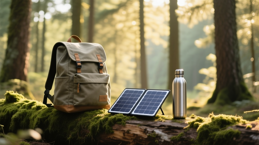 Recycled canvas backpack on a mossy log next to a folding solar panel and titanium water bottle in a bright pine forest setting.