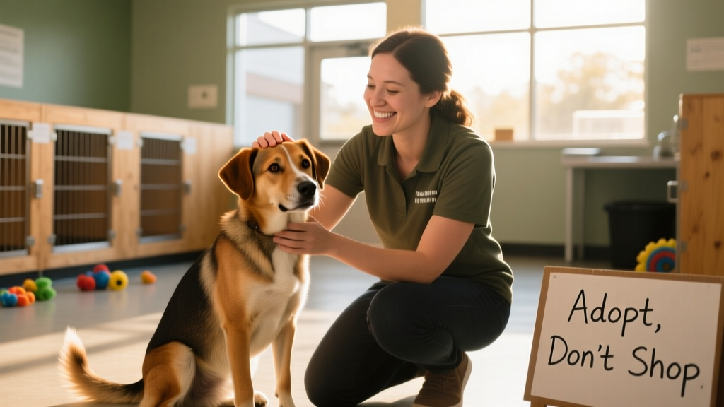 A calm, friendly shelter dog sitting beside a volunteer during a meet-and-greet session