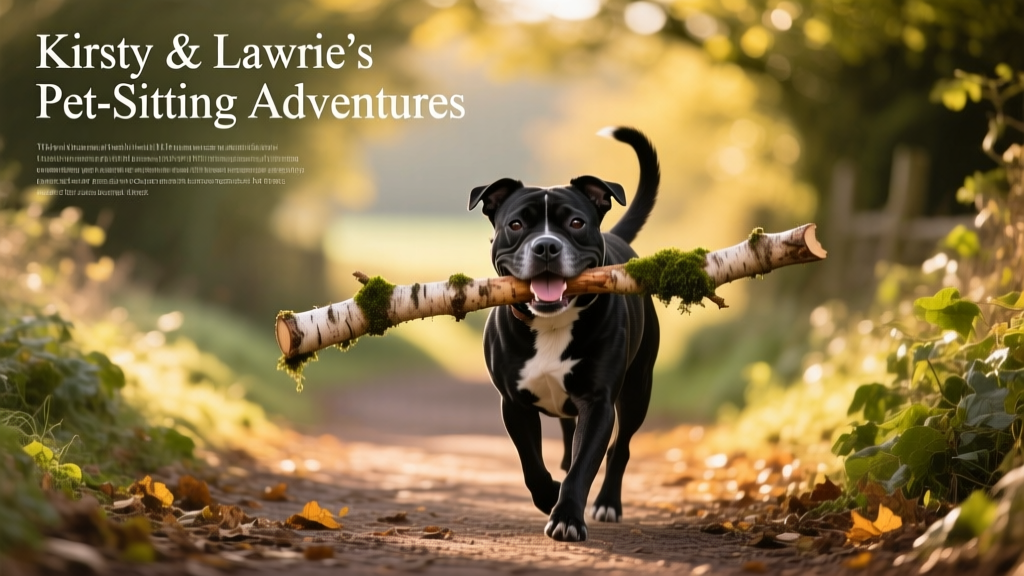 Bella the staffie happily walking on a leafy country path, carrying a large stick in her mouth