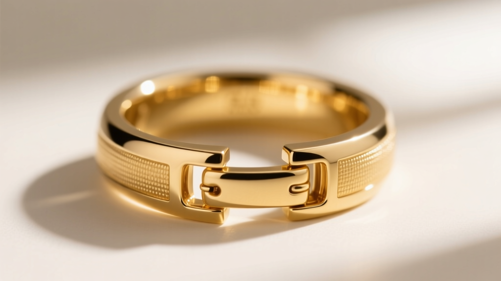 Macro photo showing the hinge and clasp mechanism of an 18-gauge gold segment ring, sharp focus on the interlocking metal parts