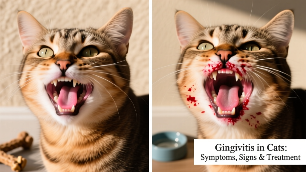 Side-by-side comparison showing normal pink cat gums versus advanced gingivitis with pronounced redness, swelling, and visible bleeding