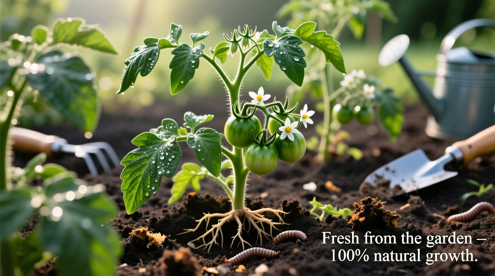 Healthy tomato plants growing in well-prepared garden soil