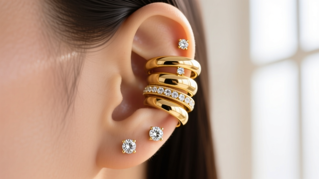 Editorial close-up of a curated ear lobe stack featuring chunky gold hoops and diamond studs in soft studio lighting