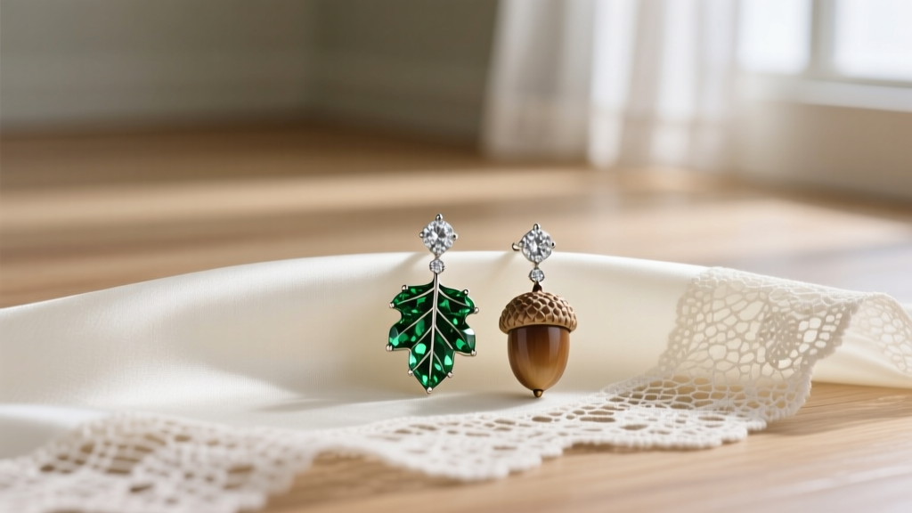 Diamond oak leaf and acorn drop earrings resting on ivory silk lace, illuminated by soft natural window light.