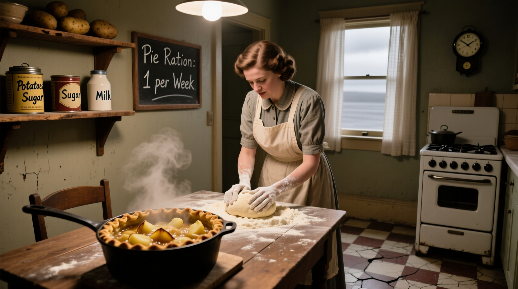 Historical photo of wartime kitchen preparing potato peel pie