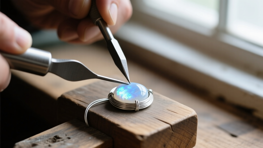 Jeweler pushing 24-gauge fine silver bezel wire over a moonstone cabochon with a steel tool on a wooden workbench, close-up.
