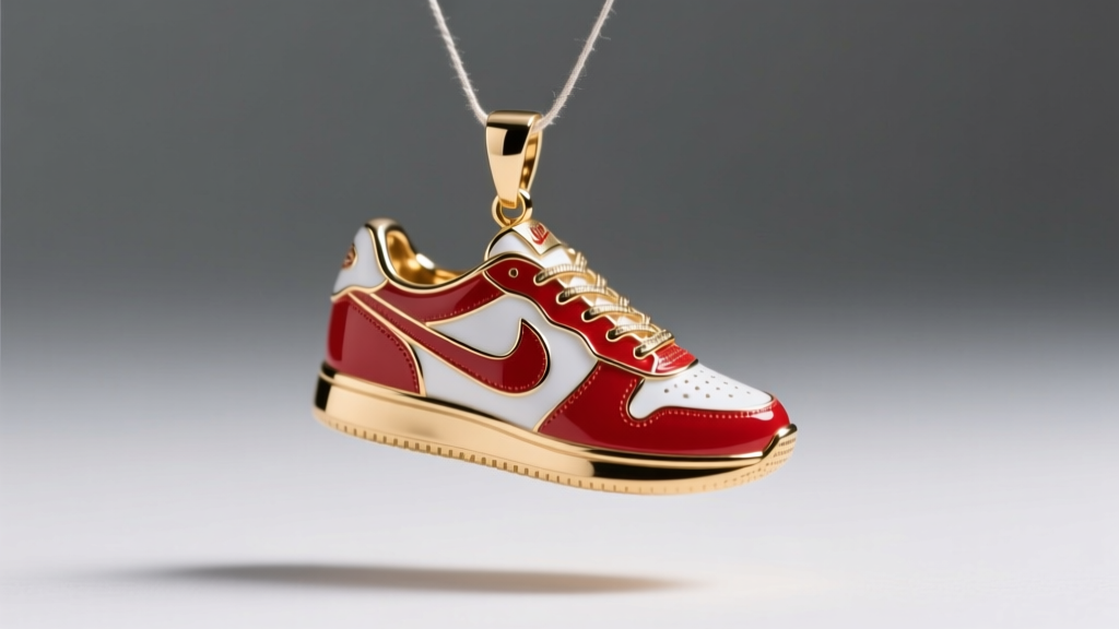 Macro shot of a sneaker pendant with red and white hard enamel fills, polished perfectly flush against the brass base metal.