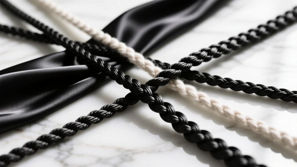 Macro view of black silk, nylon, leather and cotton cords on marble, showing their unique twisted, braided and smooth textures.