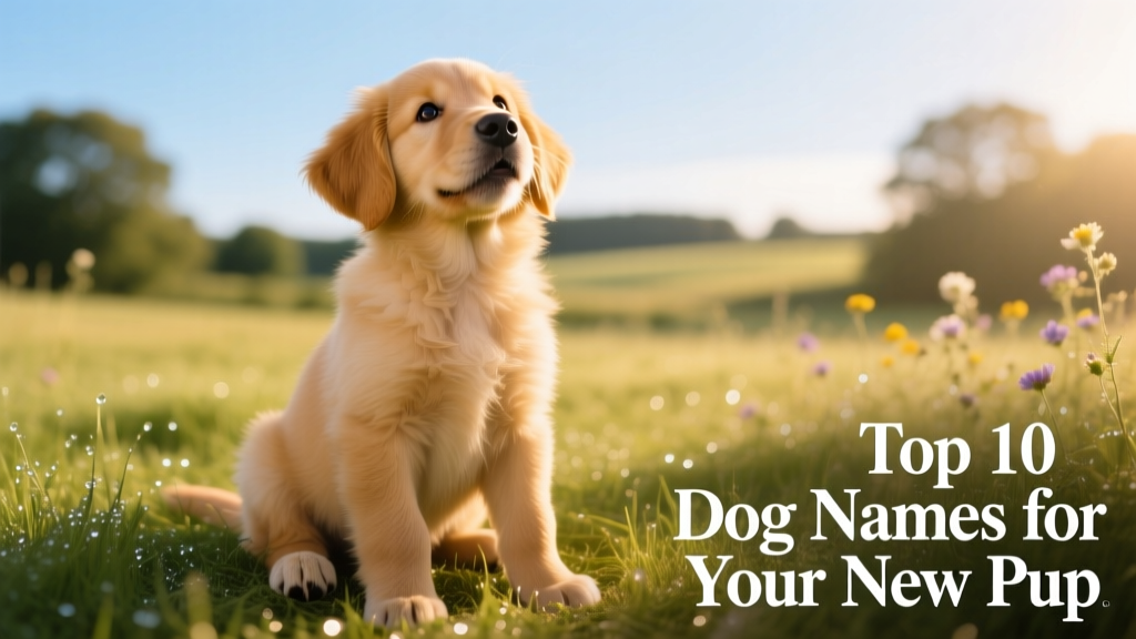 A joyful golden retriever puppy sitting on a sunlit grassy field, looking up with bright, curious eyes