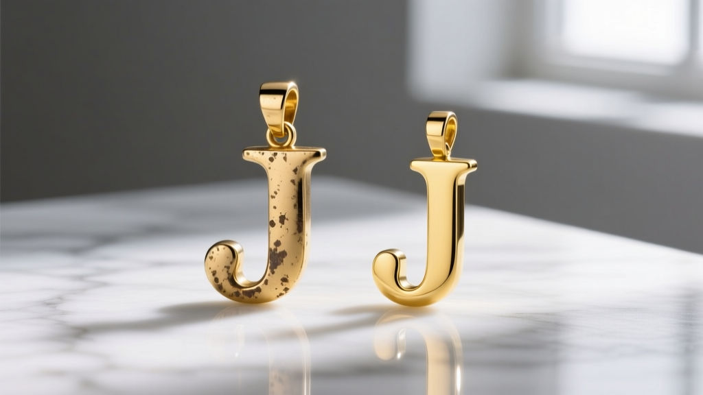 Macro shot comparing a tarnished gold-plated brass J pendant next to a pristine solid 14k yellow gold J initial on white marble