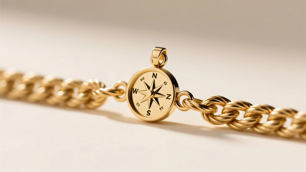Macro shot of a 14k gold rope chain attached to a compass pendant bail, highlighting the intricate metal texture and small clasp.