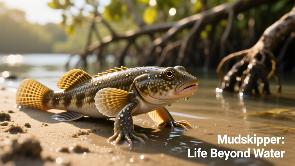 Close-up of a mudskipper using its pectoral fins to 'crutch' across damp sand