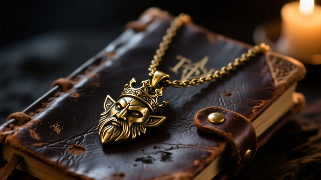 Close-up of a weathered brass Skyrim Talos necklace resting on a dark leather journal, illuminated by warm, moody candlelight.