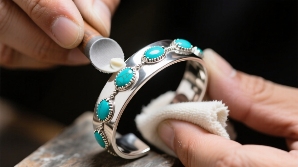 Polishing a sterling silver cuff with a microfiber cloth and mild paste, carefully avoiding the inlaid turquoise gemstone settings.