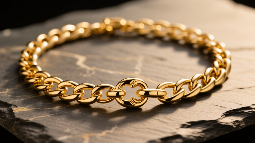 Macro view of a gold chain necklace on slate, focusing on interlocking links and a lobster clasp under warm light.