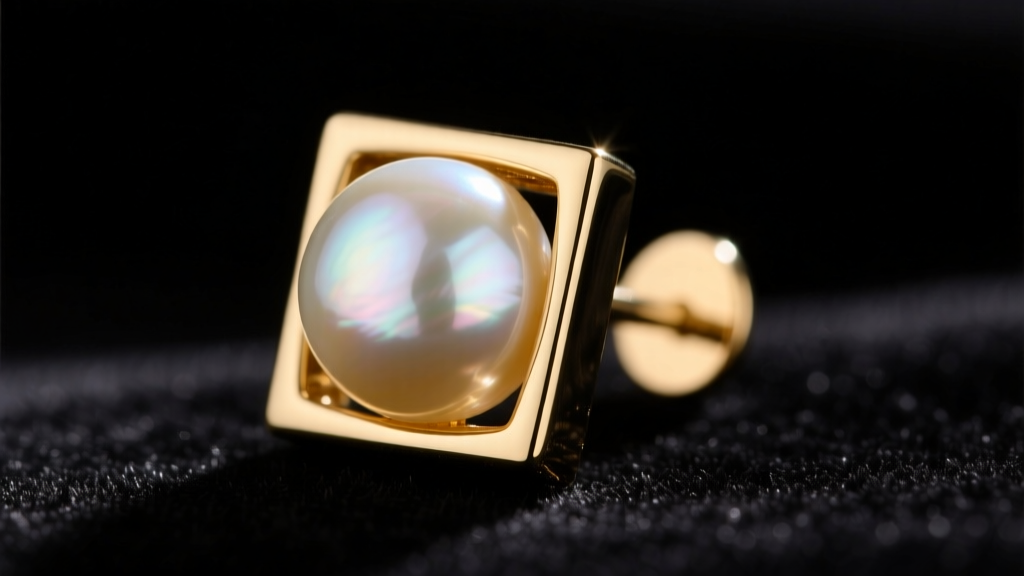 Close-up of a carved square freshwater pearl earring in 18k gold bezel, showing sharp corners and bright luster on velvet.