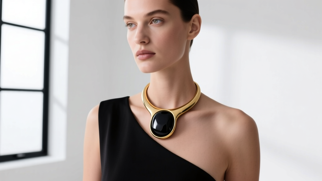 Model wearing an asymmetrical polished obsidian rock necklace set in matte 18k gold against a minimalist white studio backdrop
