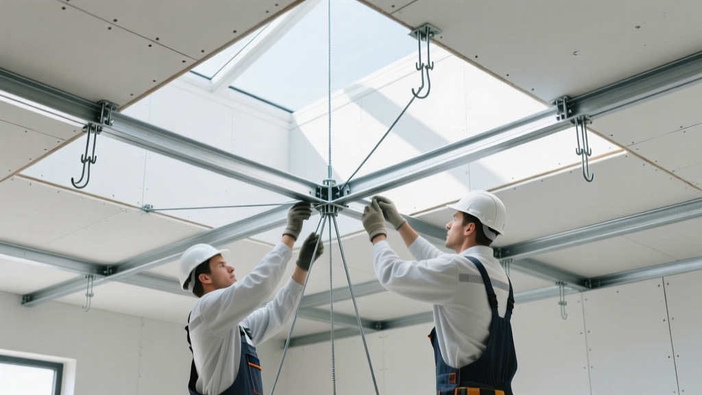 Commercial framers installing 12-gauge hanger wires and galvanized steel main tees for a large-scale gypsum board suspended ceiling grid