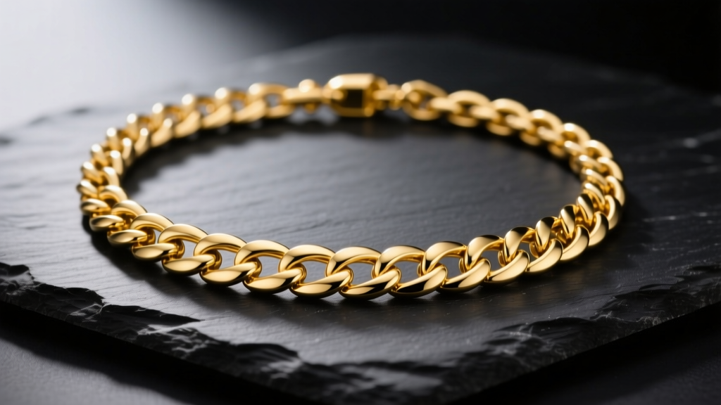 Classic 14k yellow gold Cuban link NY necklace resting on dark slate, illuminated by soft directional studio lighting.