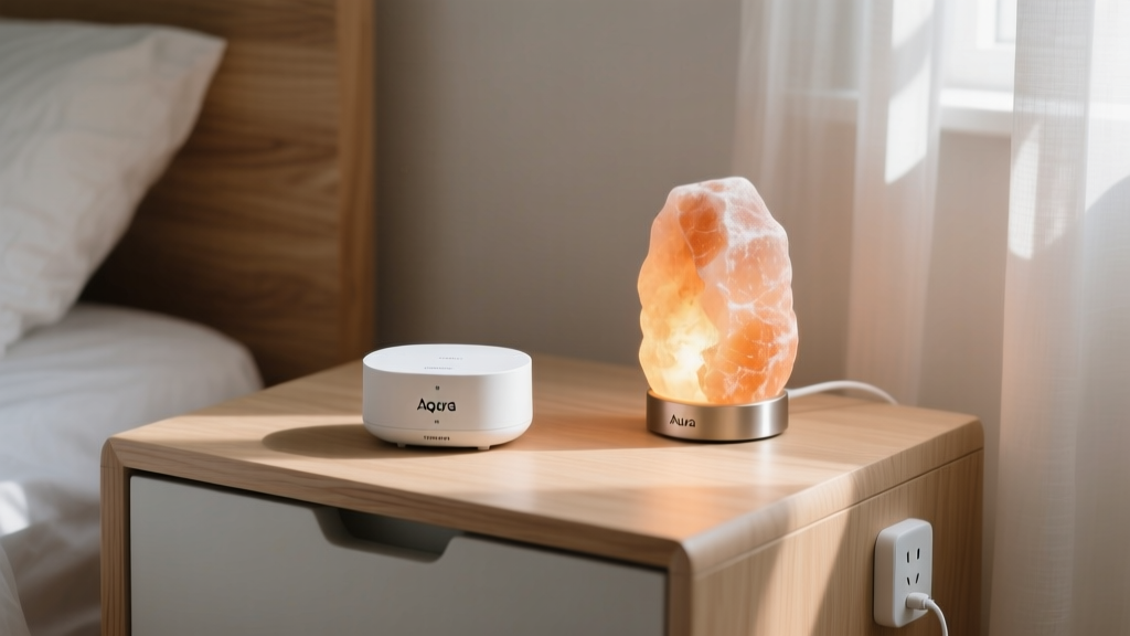 Aqara Hub M3 and TVOC air quality sensor on a modern wooden nightstand next to a smart plug controlling a warm-glow Himalayan salt lamp