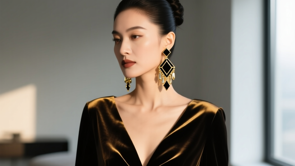 Profile of a woman with an updo wearing black and gold chandelier earrings paired with a deep V-neck dark silk evening gown.