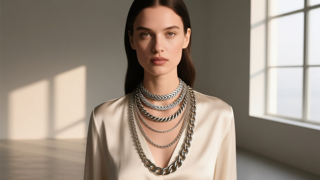 Model wearing layered herringbone and cable chains in varying gauges, showcasing modern 2026 necklace stacking trends.