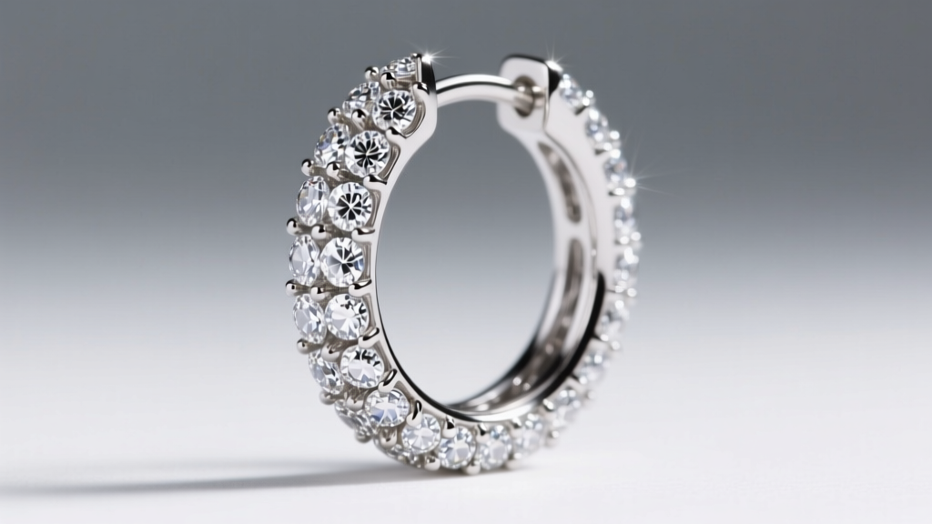 Macro shot of a Serpenti Viper diamond pavé hoop earring, showing precise prong settings and VS-clarity round brilliant diamonds.