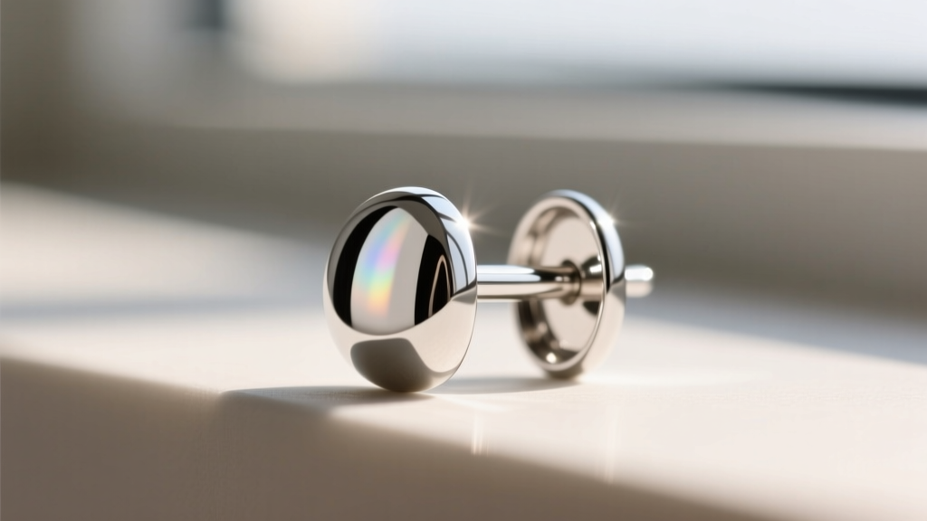 Extreme close-up of bright rhodium plating over a sterling silver earring post, highlighting the smooth, highly reflective finish.