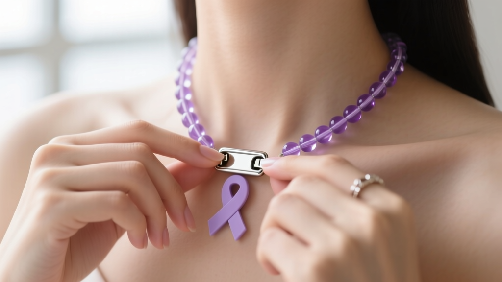 Hands gently fastening a stainless steel magnetic clasp on a delicate lavender beaded cancer support necklace near the collarbone.