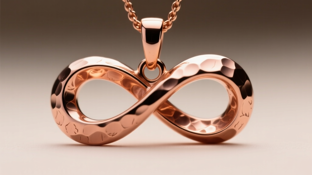 Macro shot of a hammered rose gold infinity pendant revealing the copper-rich alloy texture and subtle, warm studio light reflections