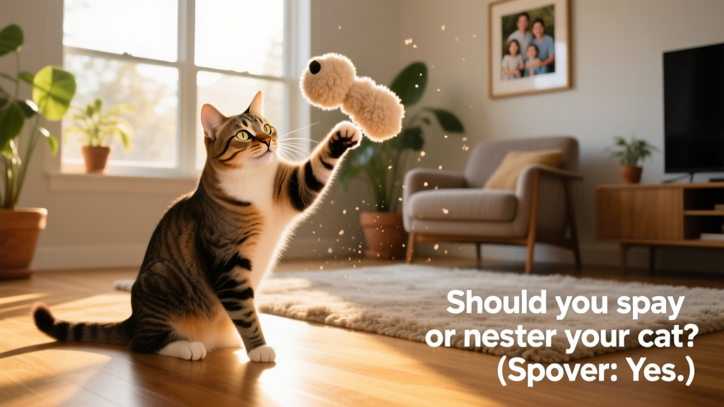 A happy, healthy adult cat playing gently with a soft toy in a sunlit living room