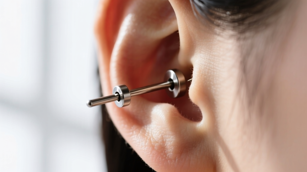 Close-up of a 16-gauge threadless titanium earring inserted into a healed helix piercing, highlighting the bendable pin mechanism.