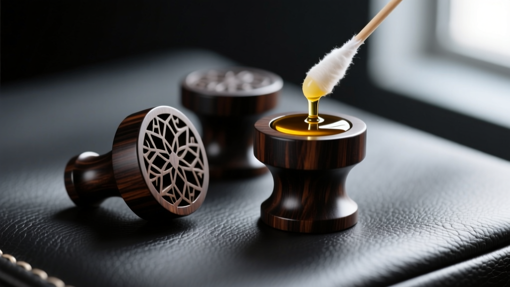 Macro shot of carved ebony wood ear plugs being gently rubbed with jojoba oil on a cotton swab against a dark leather background.