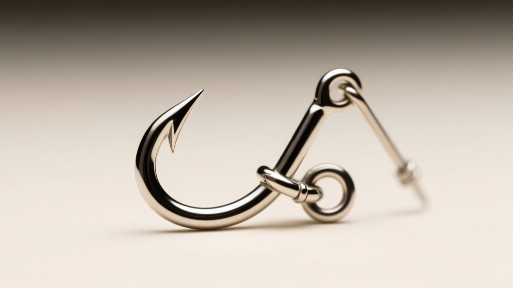 Macro shot of an 18-gauge steel fishhook on a Hanafuda earring, showing the smooth metal finish and a tightly soldered jump ring