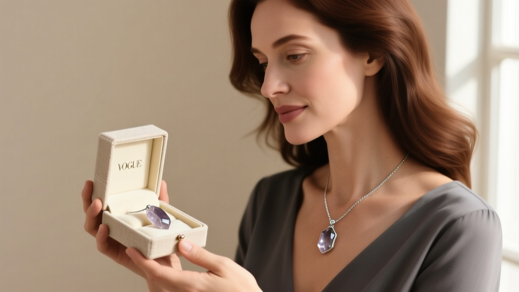 A woman receiving a delicate smoky quartz protection crystal necklace in a small linen jewelry box, soft natural window lighting.