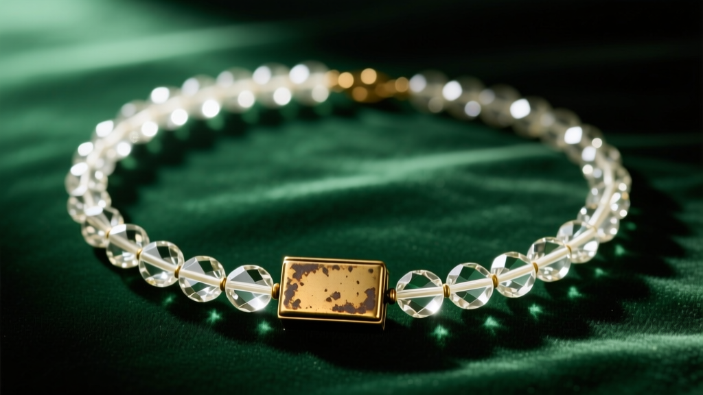 Close-up of a 1930s vintage crystal bead necklace with faceted glass beads and a tarnished brass box clasp on dark green velvet.