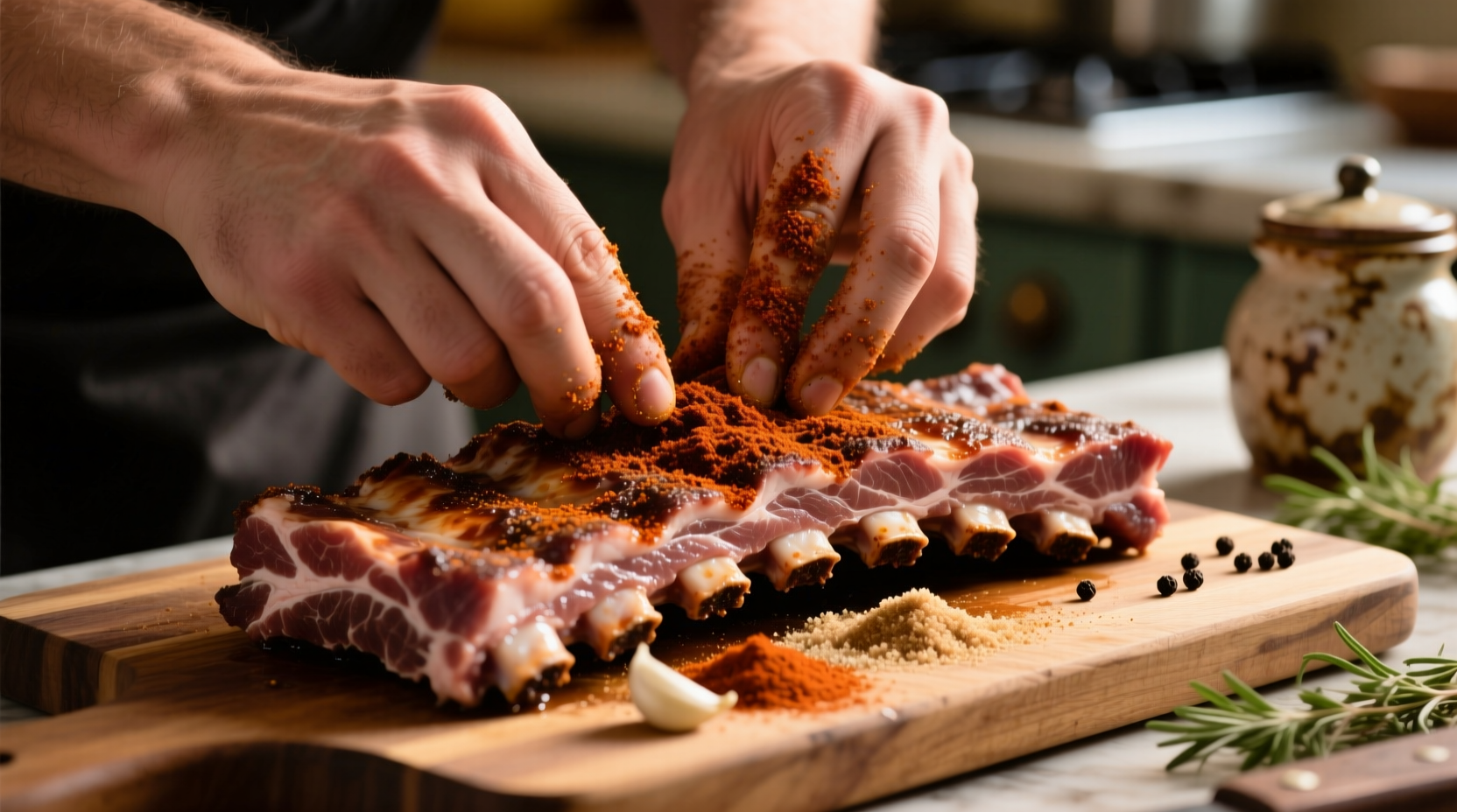 Hands applying dry rub to pork ribs on cutting board