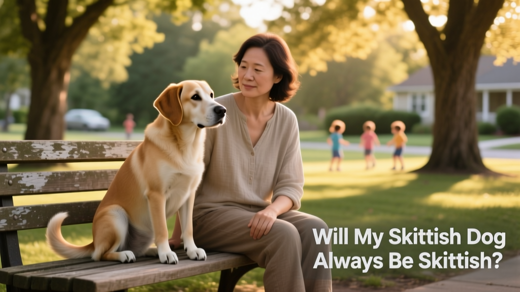 A calm adult dog sitting beside their owner on a quiet park bench, relaxed and attentive