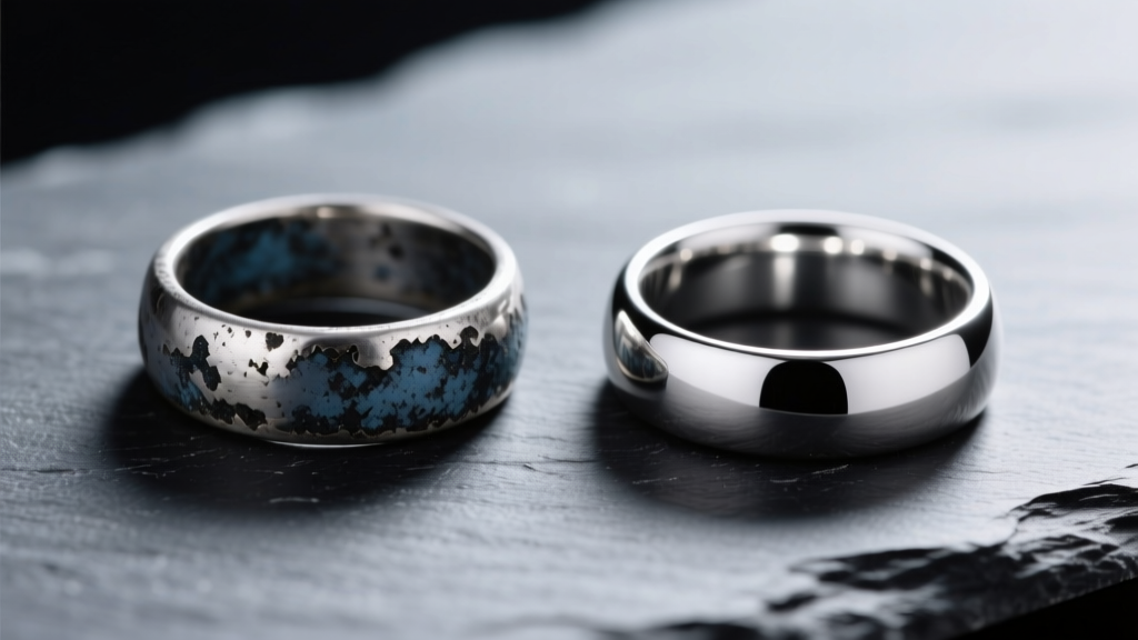 Side-by-side view of an oxidized silver ring and a bright polished ring on a dark slate surface, featuring soft diffused shadows