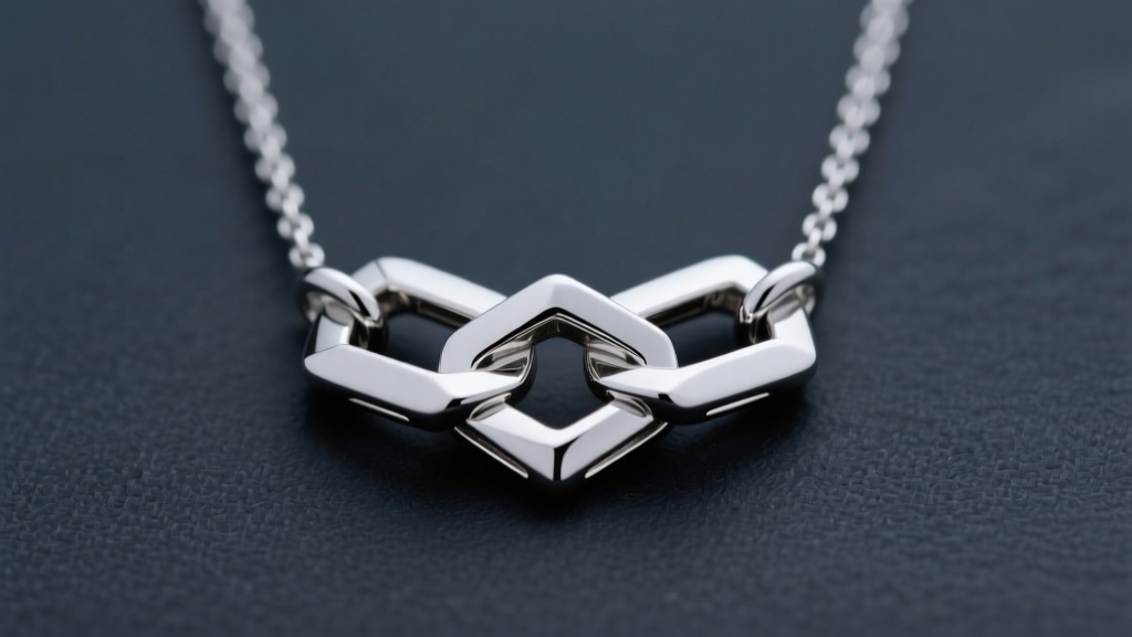 Close-up of a platinum interlocking pendant necklace showing subtle grayish-white luster and high-polish finish against dark slate.