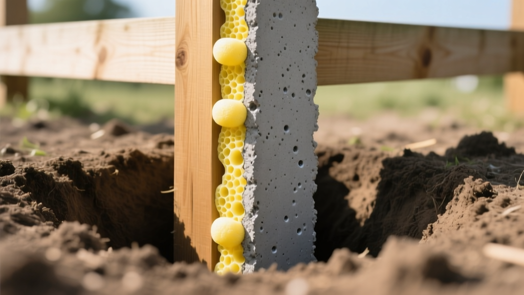 Wooden fence post being set in a dug hole, split showing expanding yellow polyurethane foam on one side and gray poured concrete on the other.